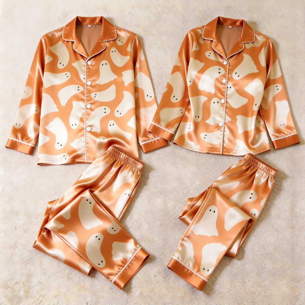 Ghost Print Satin Matching Pajamas for Couples – Long Sleeve Button-Down Top & Pants Sleepwear Set