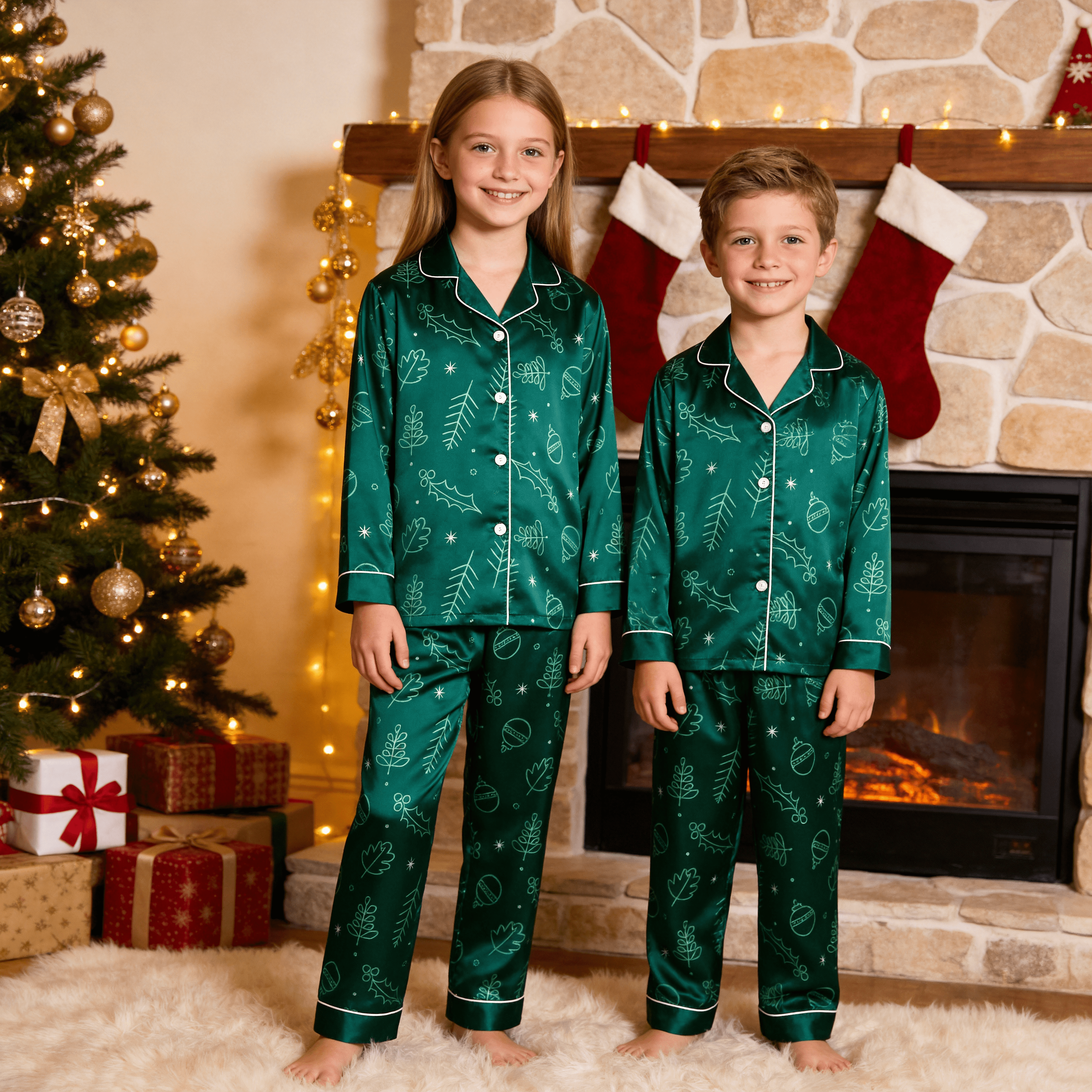 Emerald Green Festive Line-Art Print Satin Button-Up Family Christmas Pajamas Set