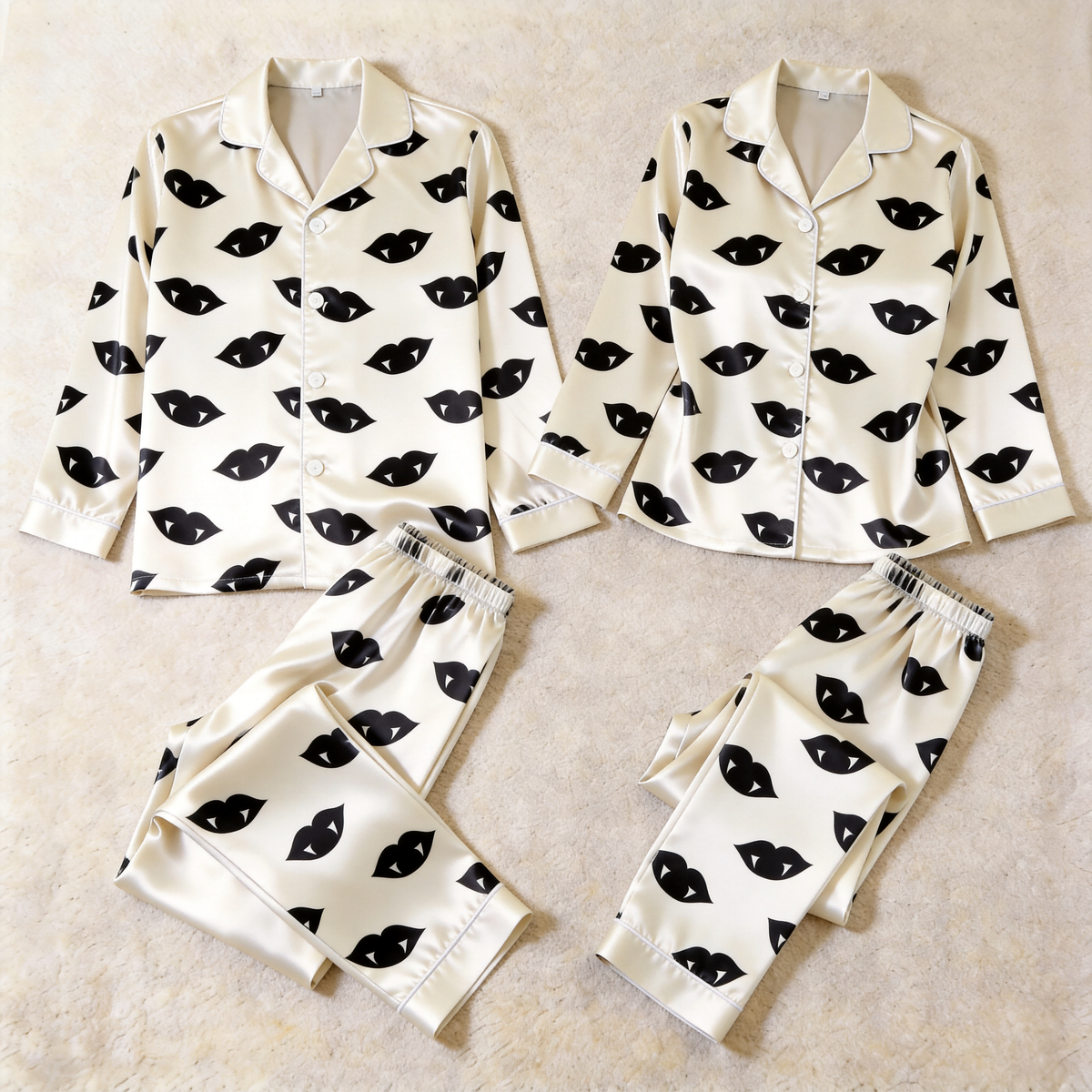 Spooky Vampire Lips Print Satin Matching Pajamas for Couples – Long Sleeve Button-Down Top & Pants Sleepwear Set