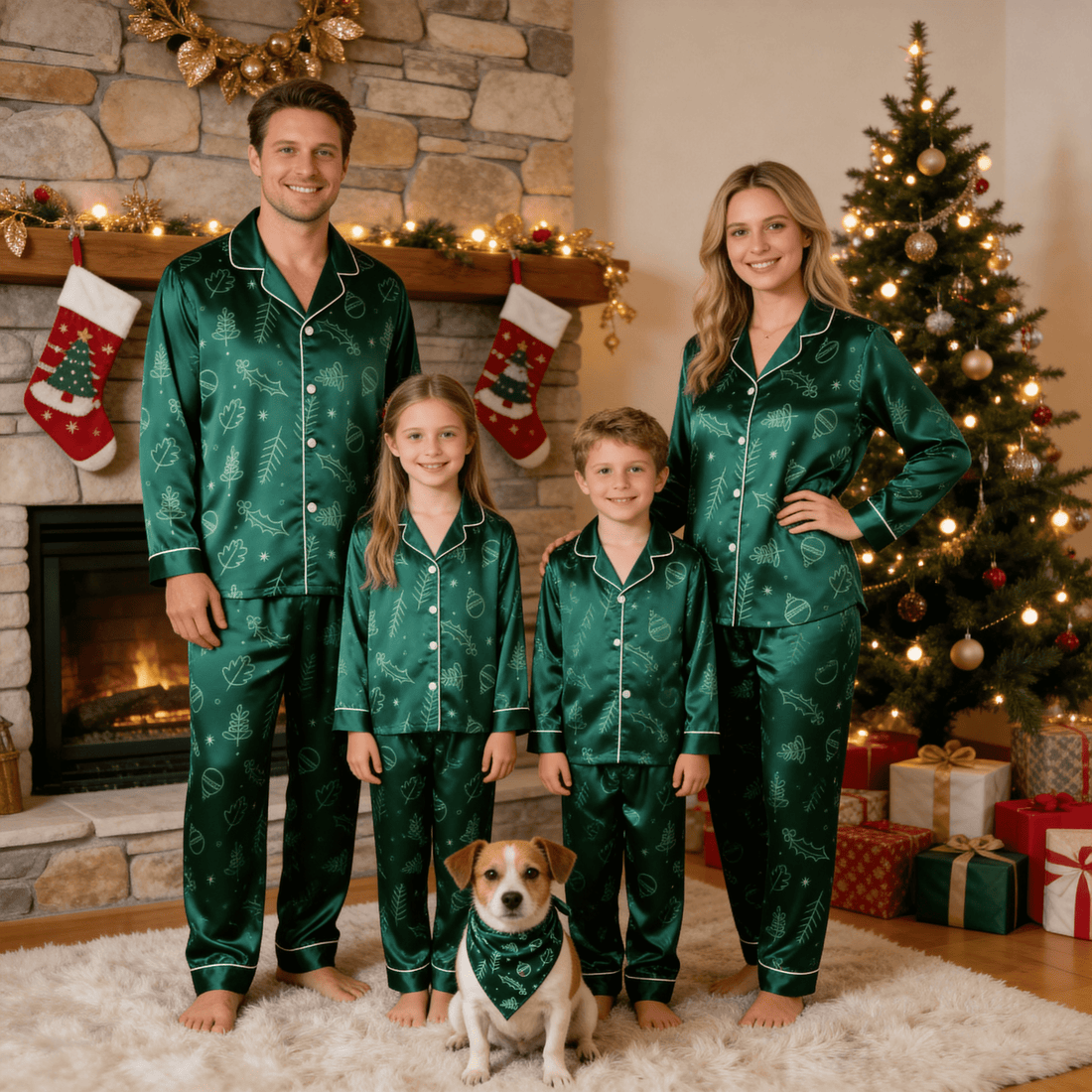 Emerald Green Festive Line-Art Print Satin Button-Up Family Christmas Pajamas Set