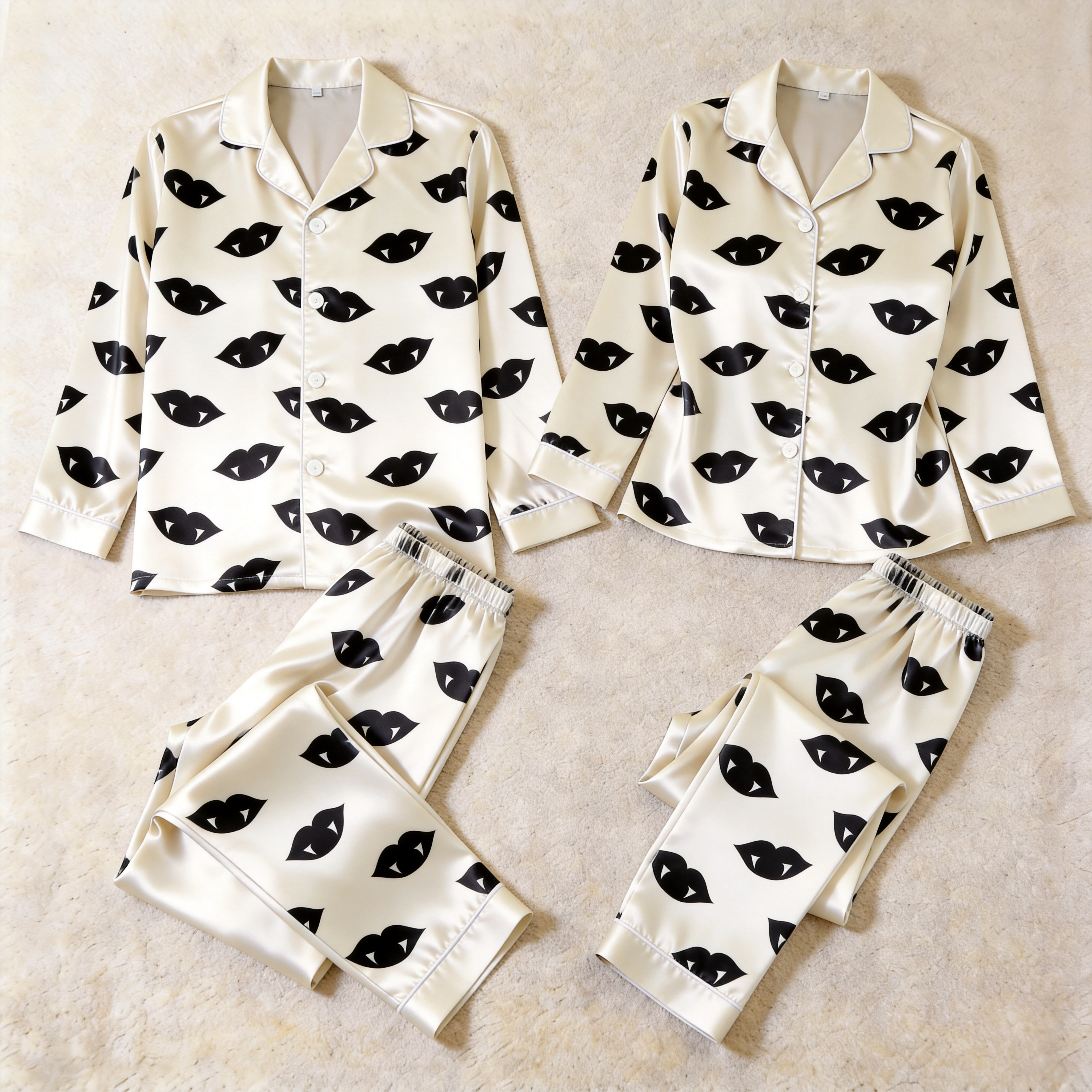 Spooky Vampire Lips Print Satin Matching Pajamas for Couples – Long Sleeve Button-Down Top & Pants Sleepwear Set