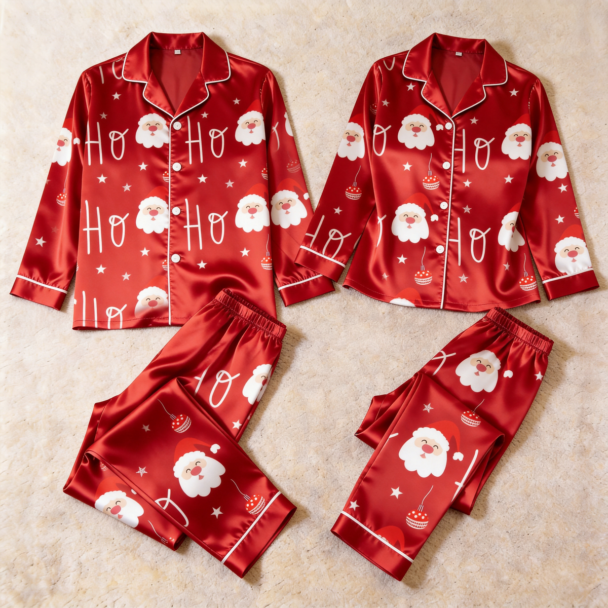 Santa Claus and "HO HO" Satin Matching Pajamas for Couples – Long Sleeve Button-Down Top & Pants Sleepwear Set