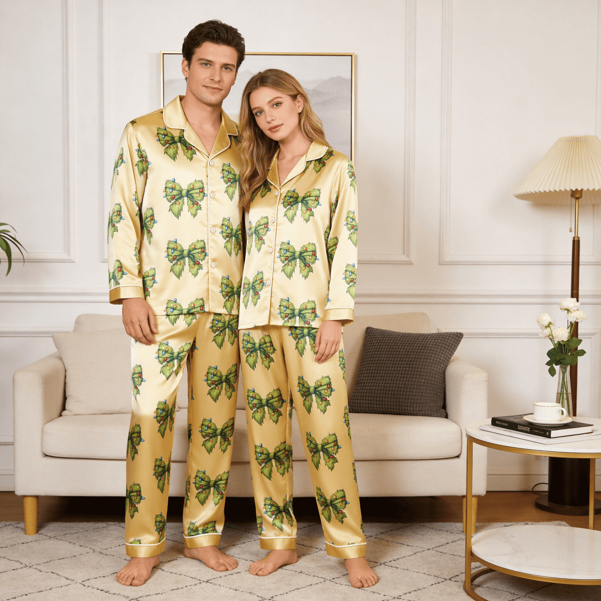 Lighted Faux Fur Bow Satin Matching Pajamas for Couples – Long Sleeve Button-Down Top & Pants Sleepwear Set