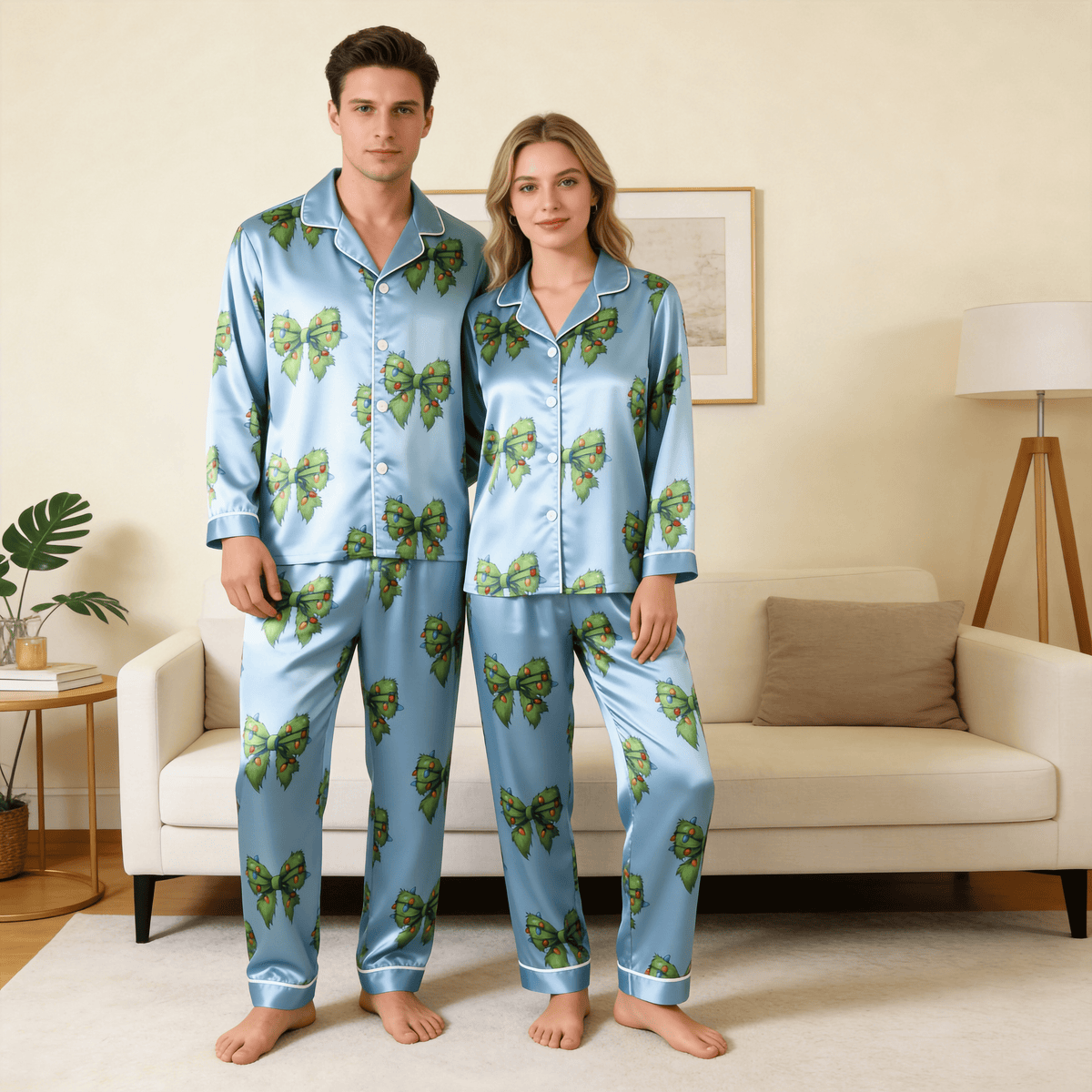 Lighted Faux Fur Bow Satin Matching Pajamas for Couples – Long Sleeve Button-Down Top & Pants Sleepwear Set