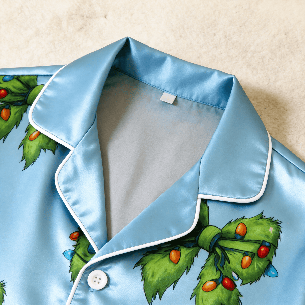 Lighted Faux Fur Bow Satin Matching Pajamas for Couples – Long Sleeve Button-Down Top & Pants Sleepwear Set