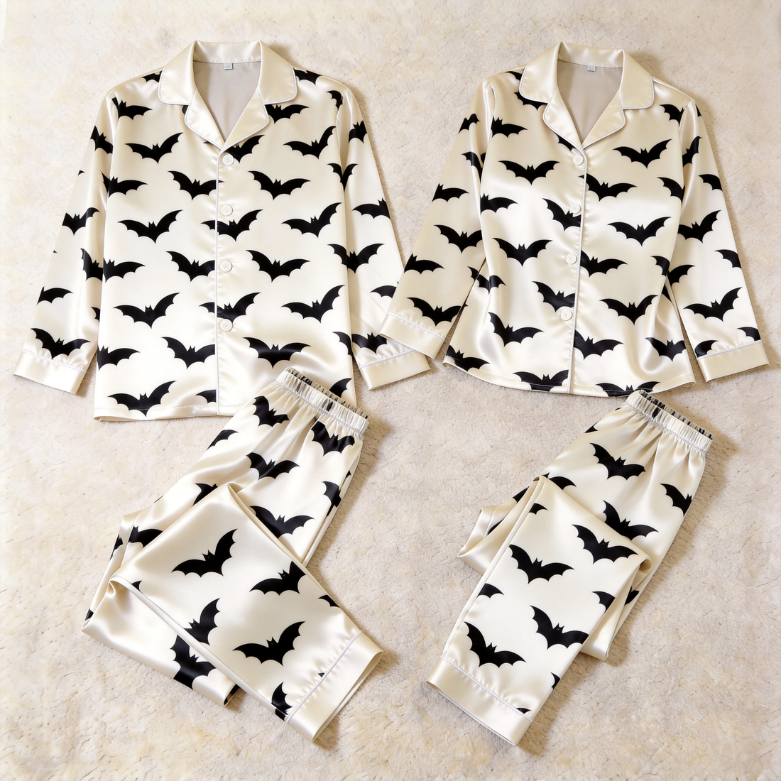 B&W Bat Print Satin Matching Pajamas for Couples – Long Sleeve Button-Down Top & Pants Sleepwear Set