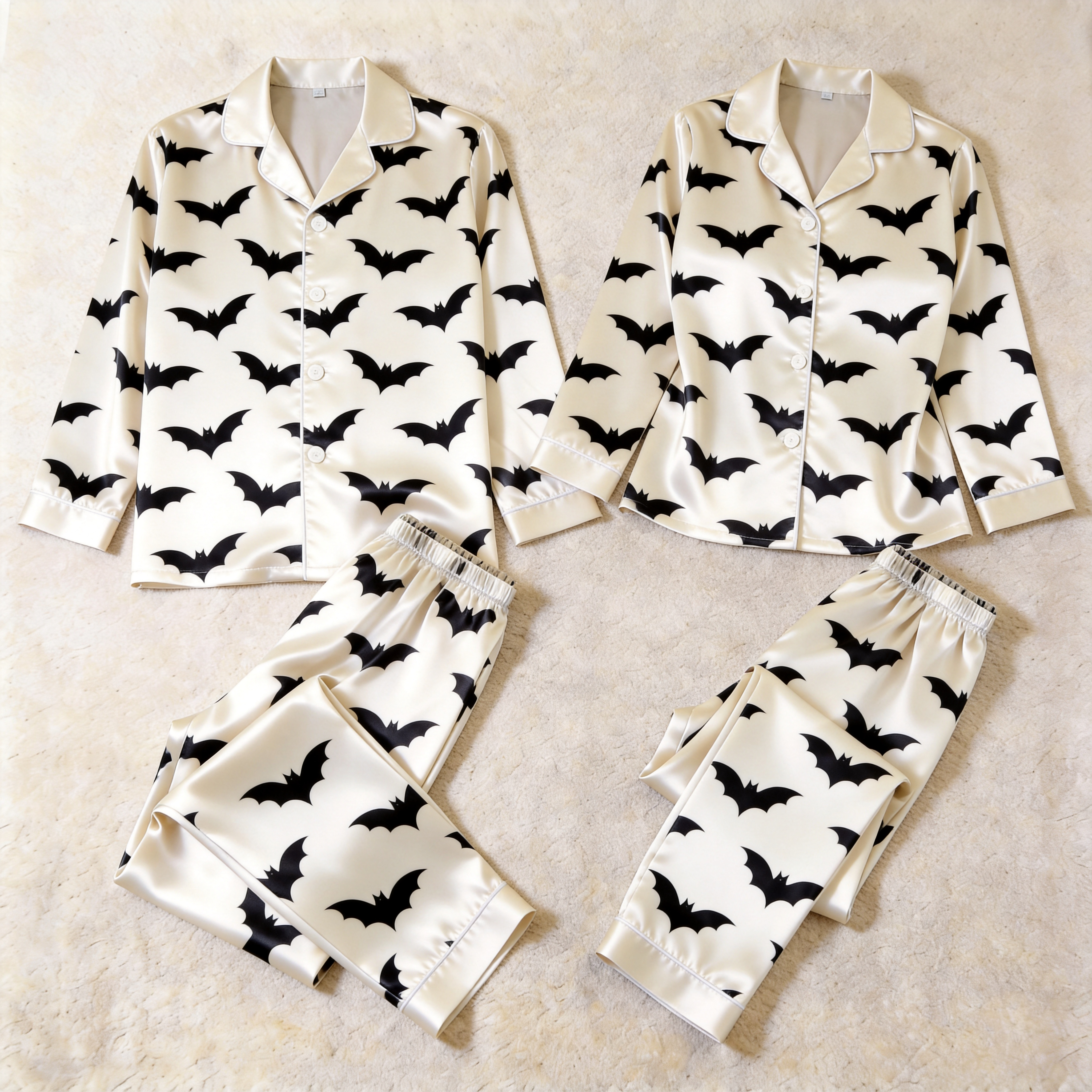 B&W Bat Print Satin Matching Pajamas for Couples – Long Sleeve Button-Down Top & Pants Sleepwear Set