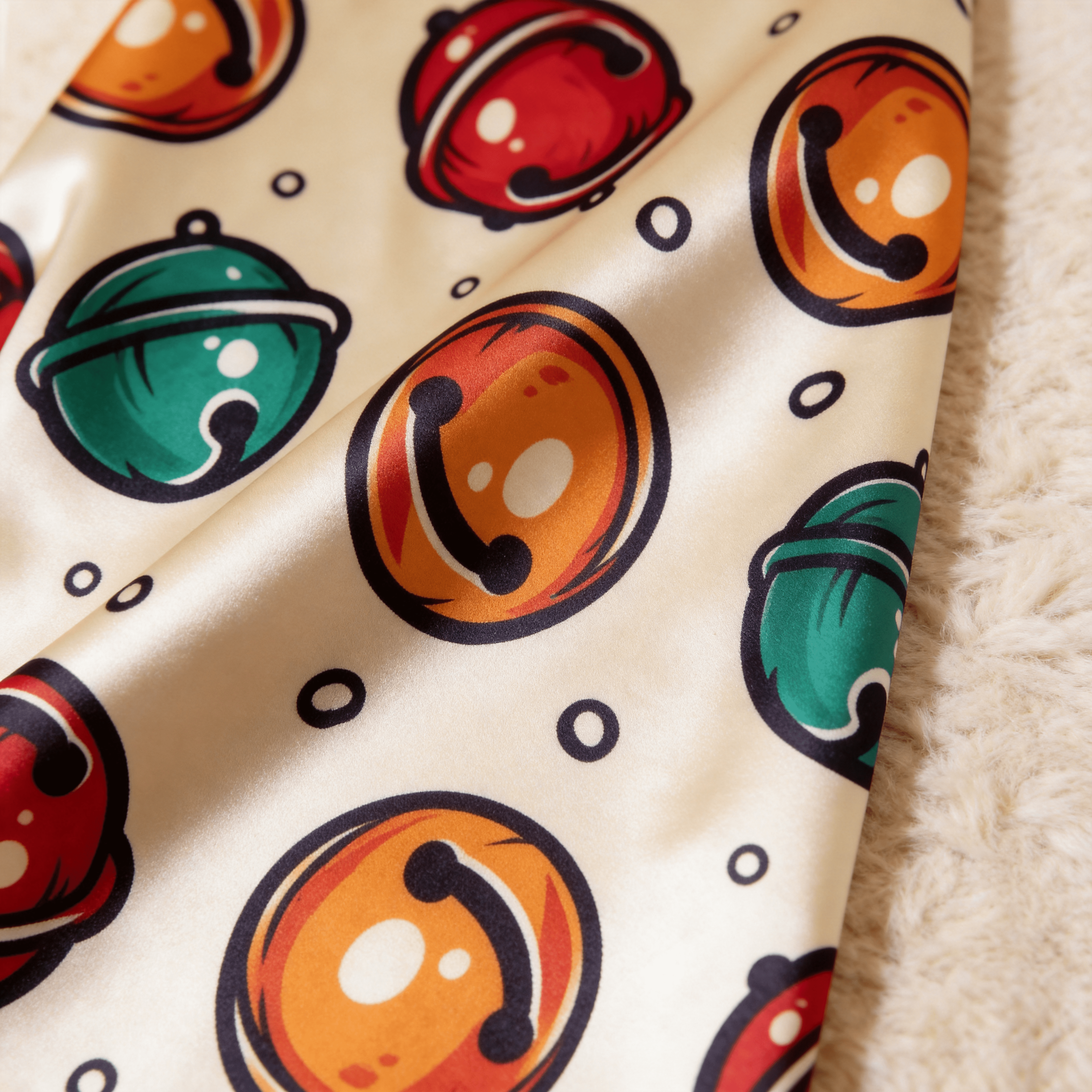 Colorful Jingle Bell Print Satin Button-Up Family Pajamas Set