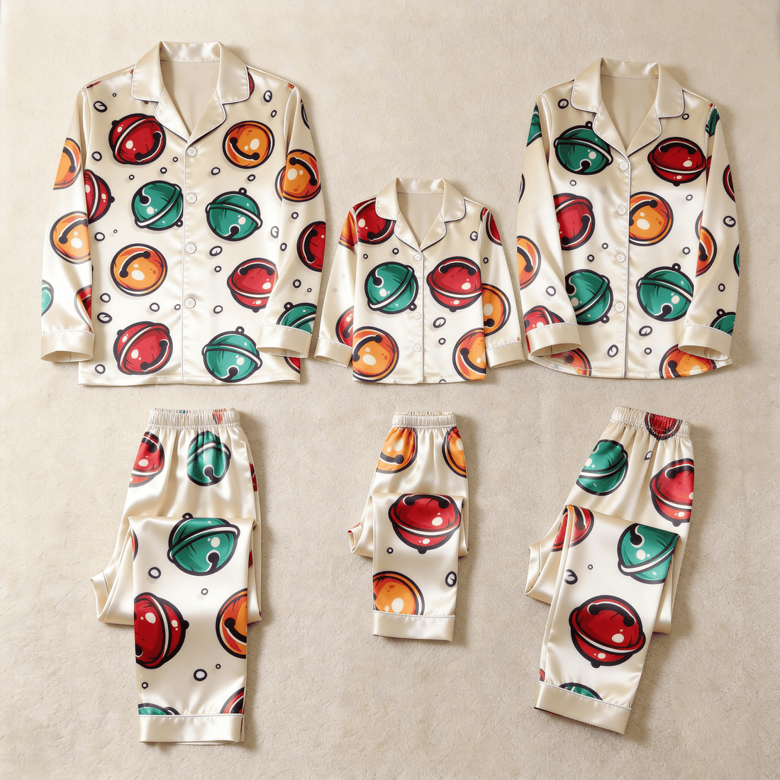 Colorful Jingle Bell Print Satin Button-Up Family Pajamas Set