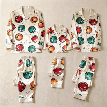 Colorful Jingle Bell Print Satin Button-Up Family Pajamas Set