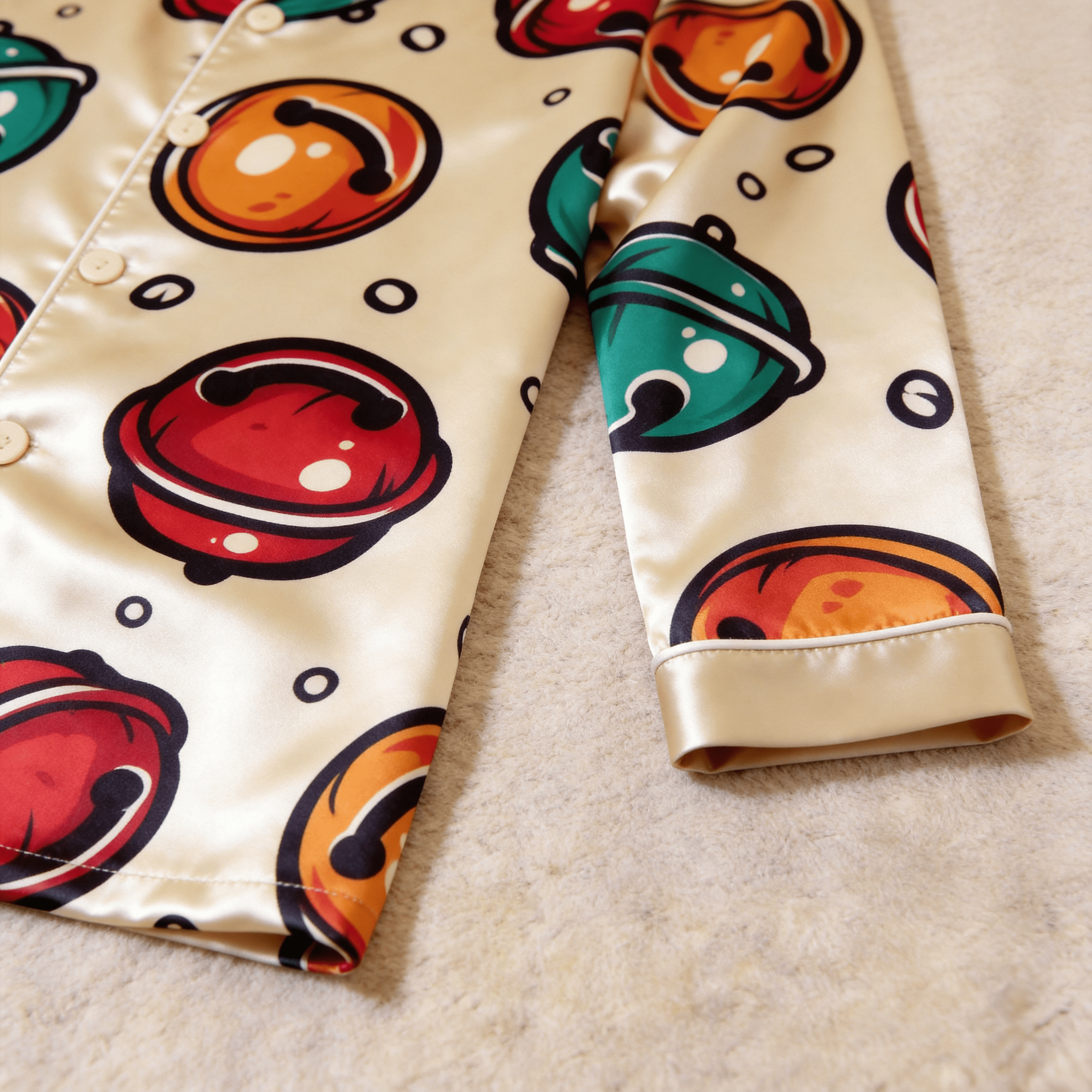 Colorful Jingle Bell Print Satin Button-Up Family Pajamas Set