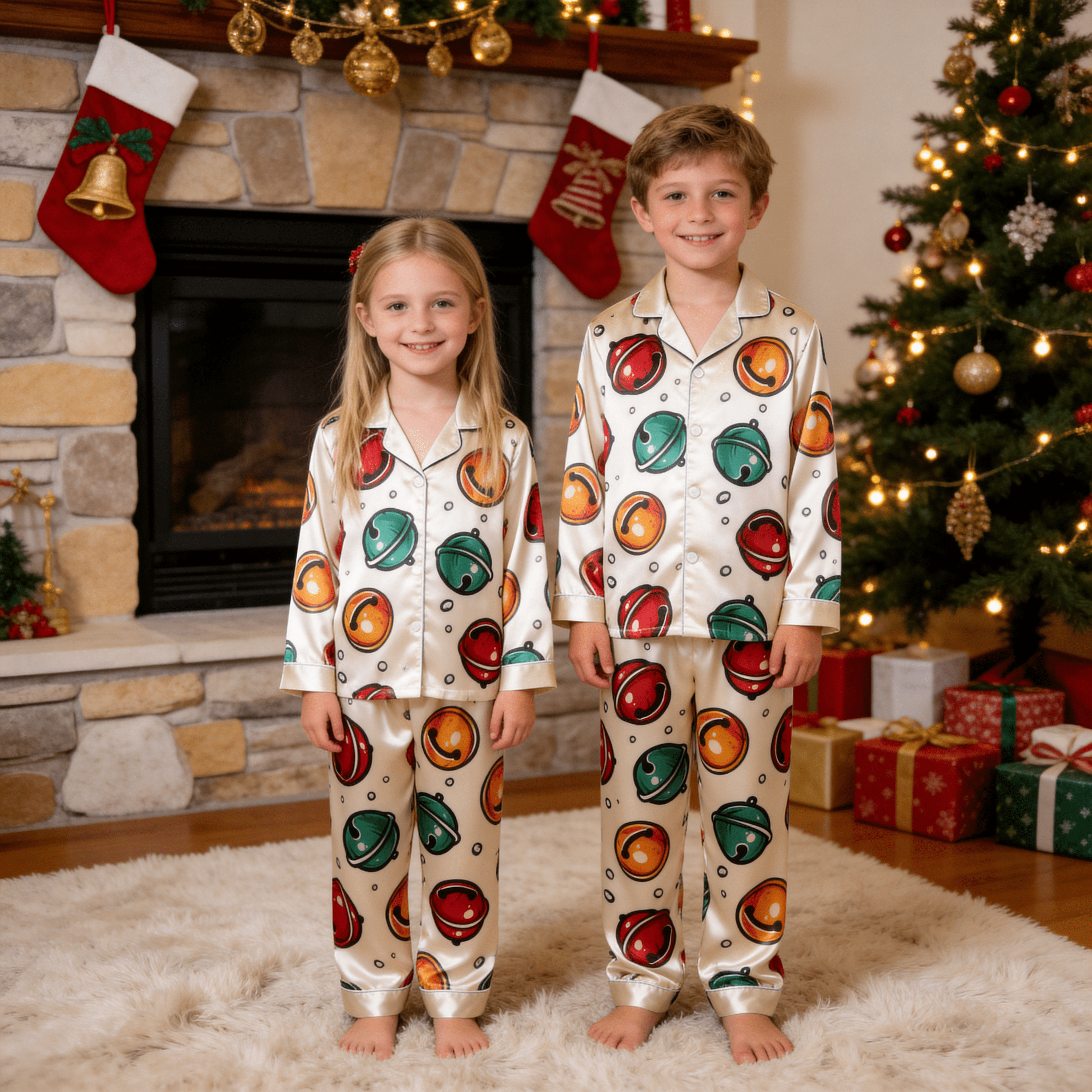 Colorful Jingle Bell Print Satin Button-Up Family Pajamas Set