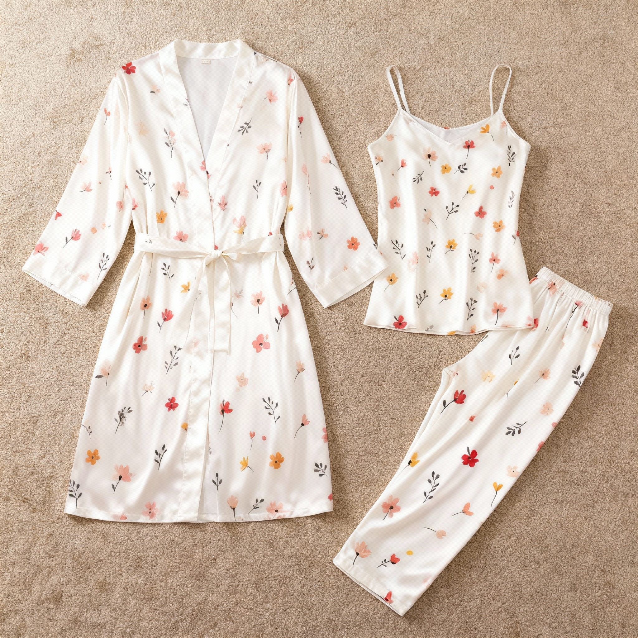 Women's Satin 3-Piece Loungewear Set in Mini Blossoms Style