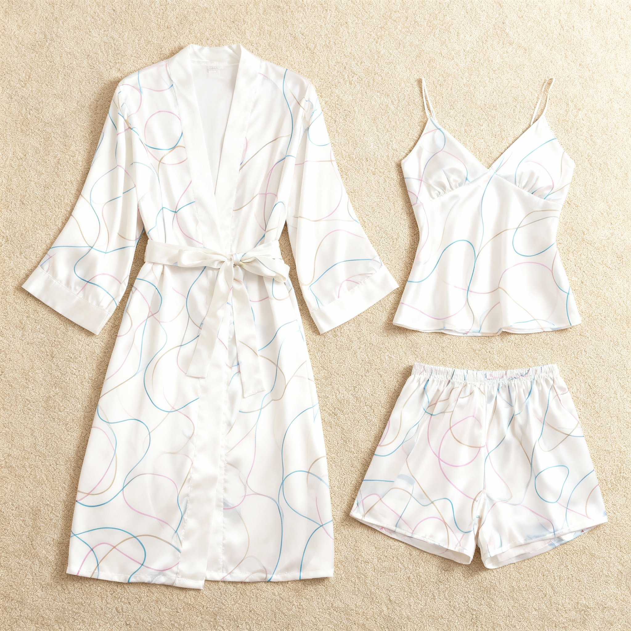 Chic Satin 3-Piece Pajama Set Featuring Simple Line Art Designs