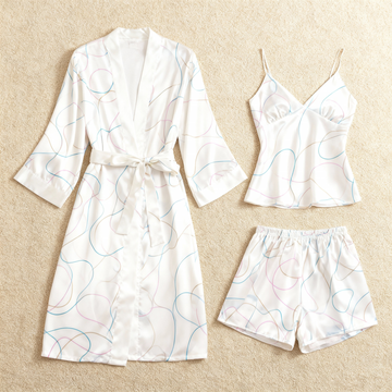 Chic Satin 3-Piece Pajama Set Featuring Simple Line Art Designs