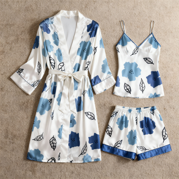 Women's Premium Satin Sleep Set with Blue Floral