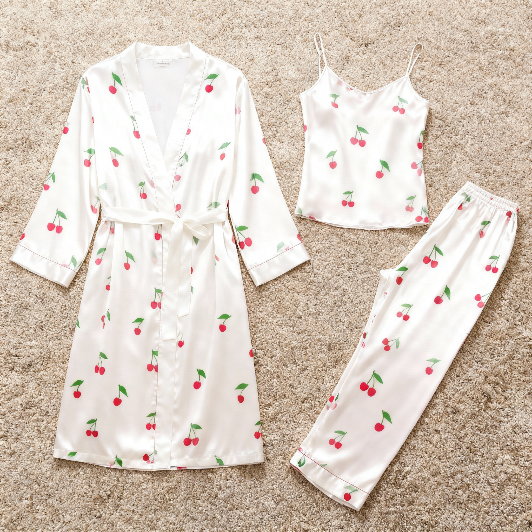 Satin 3-Piece Lovely Cherry Sleepwear Set for Women