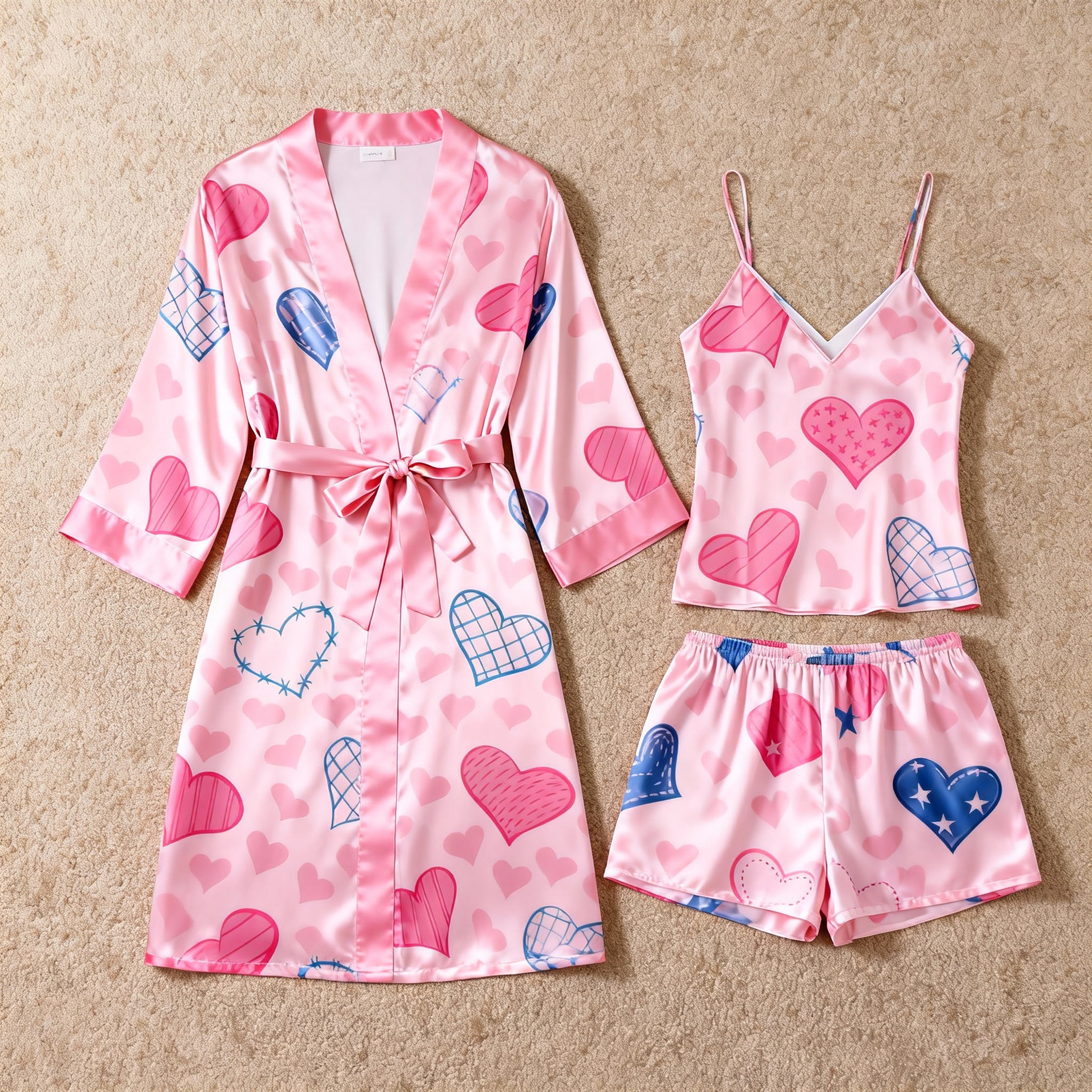 Women's Premium Satin Sleep Set with Pink Heart