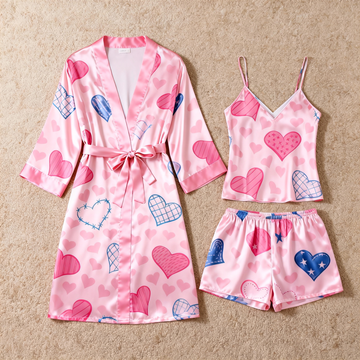 Women's Premium Satin Sleep Set with Pink Heart
