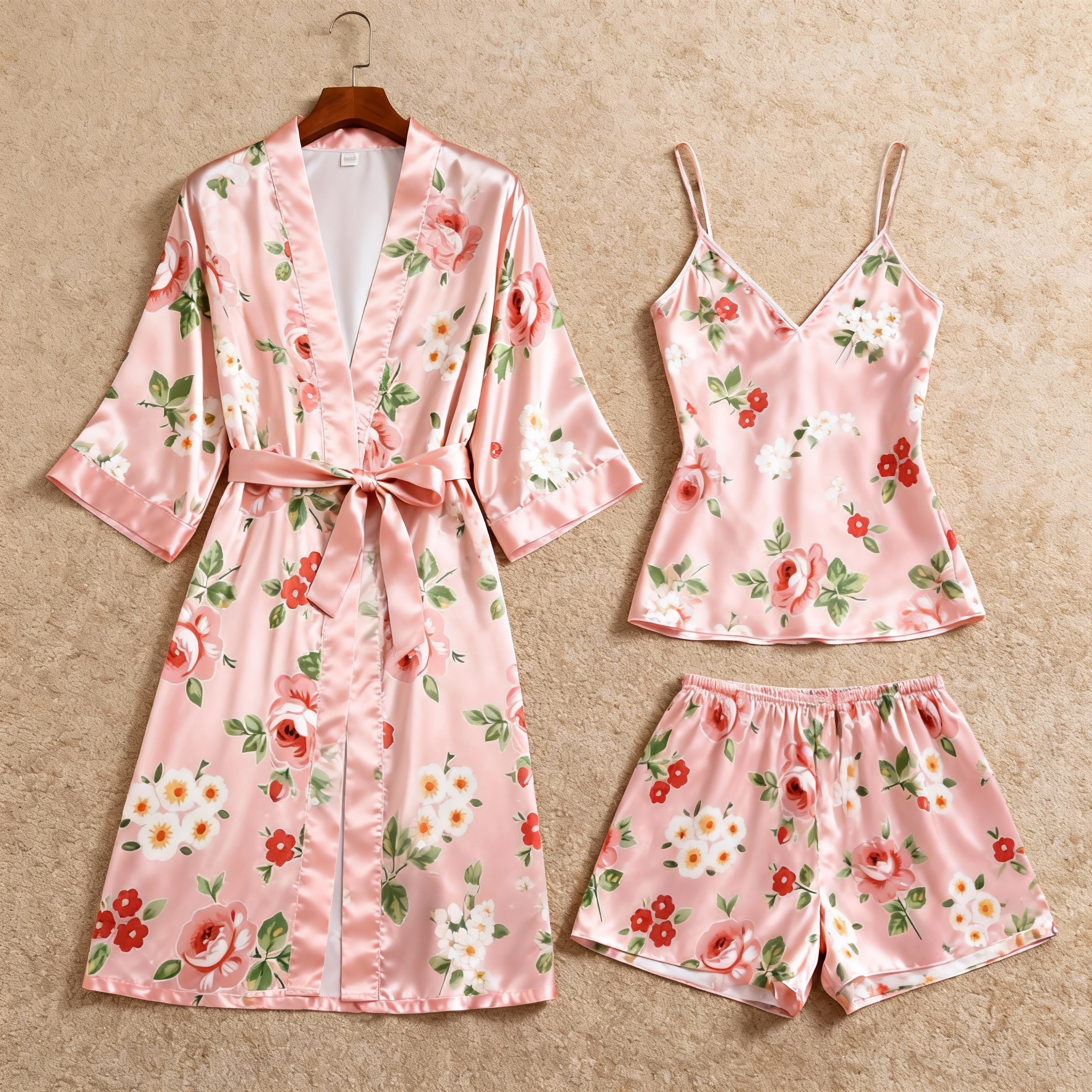 Pink Floral Pattern Glow Silky Satin 3-Piece Loungewear Set