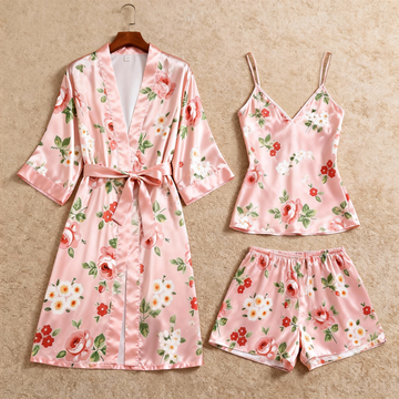 Pink Floral Pattern Glow Silky Satin 3-Piece Loungewear Set