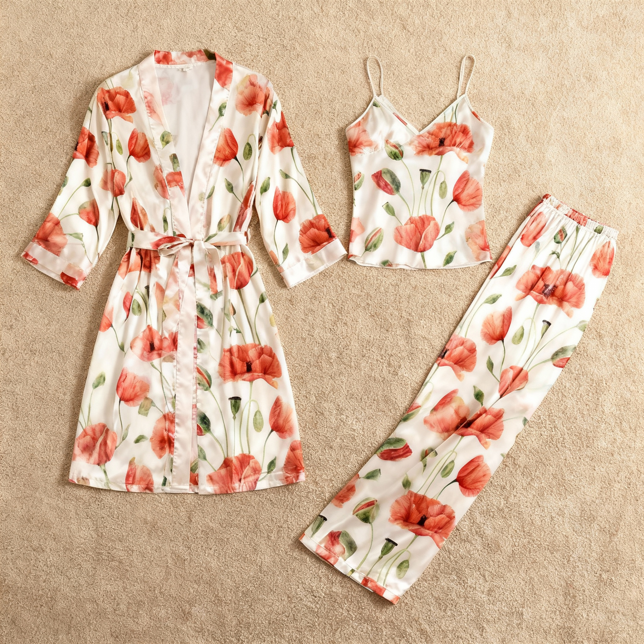 Satin 3-Piece Vibrant Floral Sleepwear Set for Women