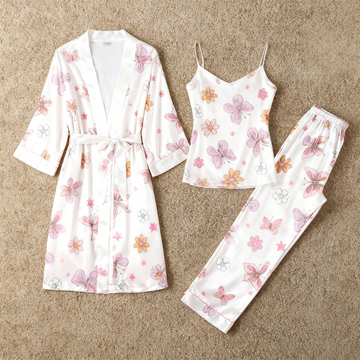 Satin 3-Piece Floral & Butterfly Sleepwear Set for Women