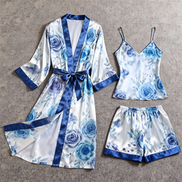 Women's Premium Satin Sleep Set with Blue Floral
