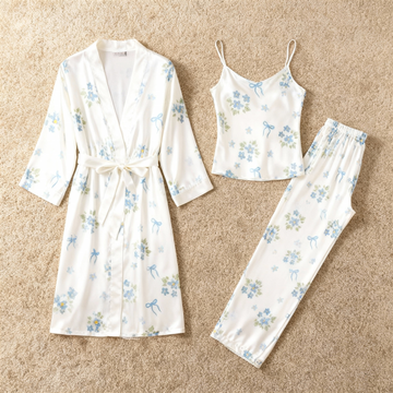 Satin 3-Piece Gentle Petal Pattern Sleepwear Set for Women