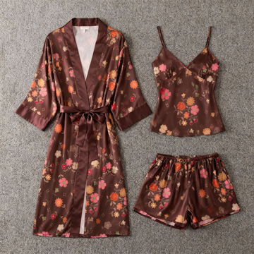 Chic Brown Satin 3-Piece Pajama Set Featuring Floral Designs
