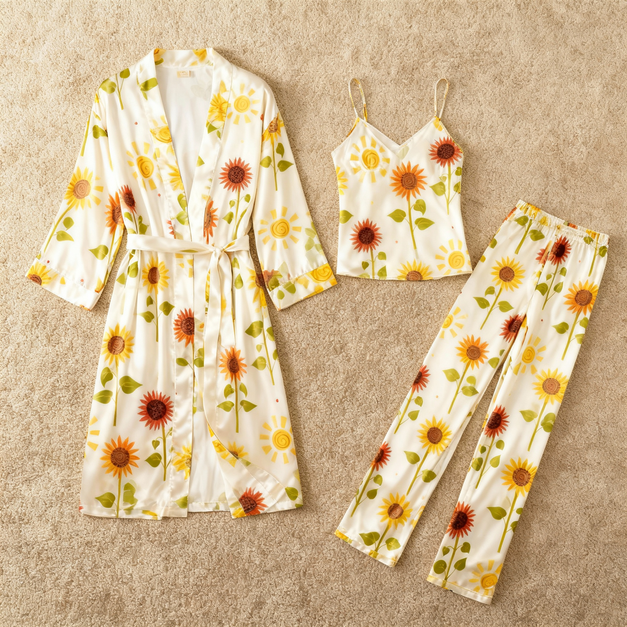 Satin 3-Piece Bright Sunflower Sleepwear Set for Women