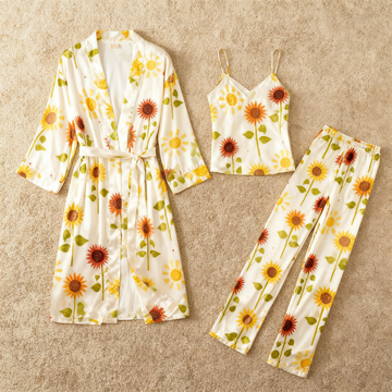 Satin 3-Piece Bright Sunflower Sleepwear Set for Women