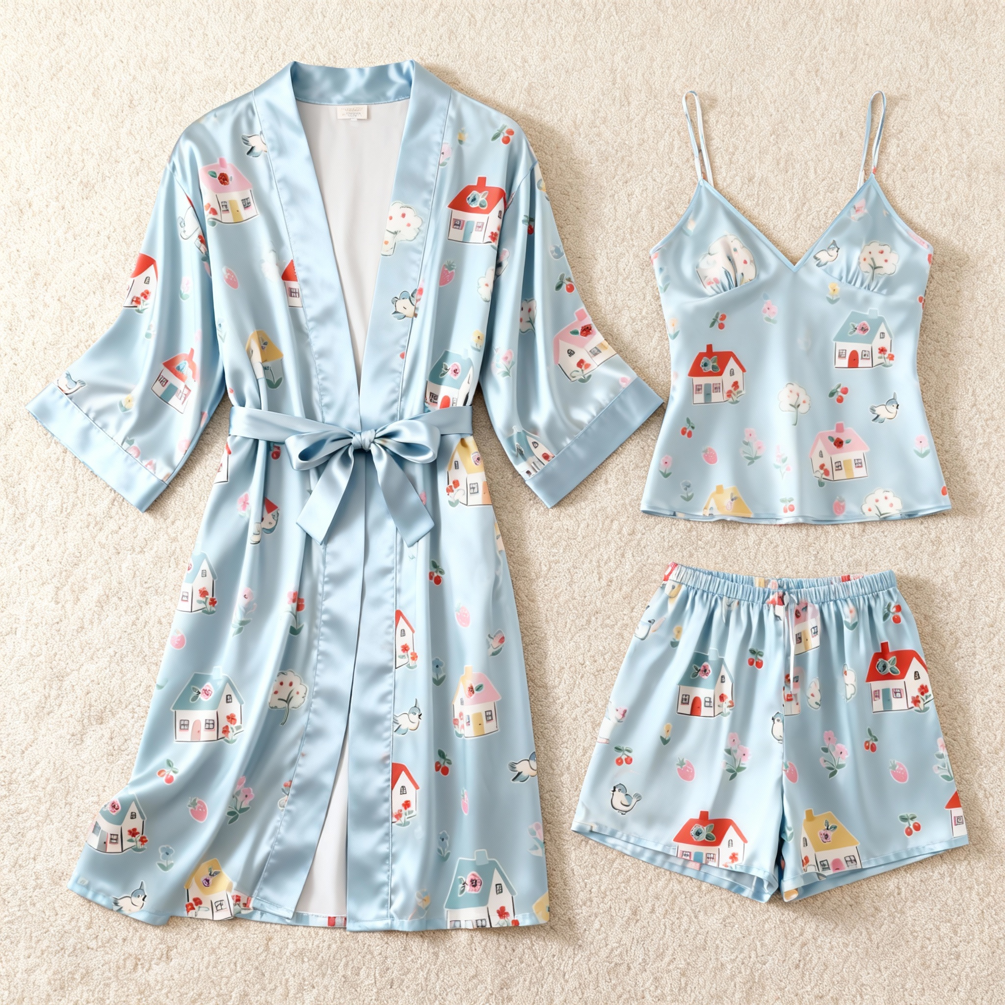Chic Blue Satin 3-Piece Pajama Set Featuring Cute House Designs