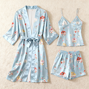 Chic Blue Satin 3-Piece Pajama Set Featuring Cute House Designs