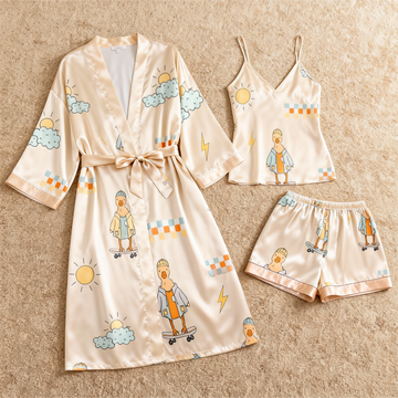 Women's Premium Satin Sleep Set with Funny Cartoon Print