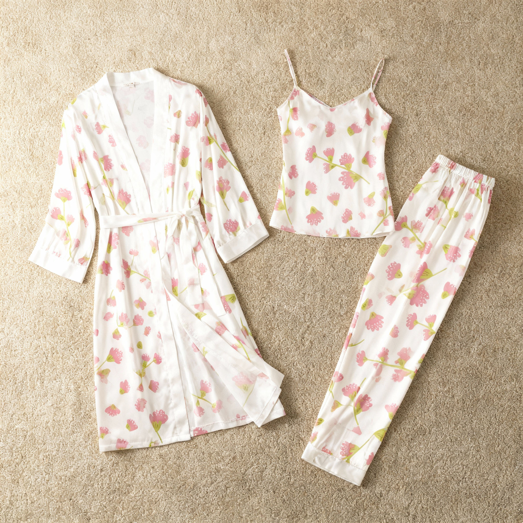 3-Piece Satin Nightwear Set with Floral Design