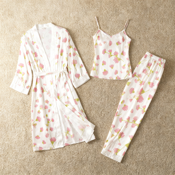 3-Piece Satin Nightwear Set with Floral Design