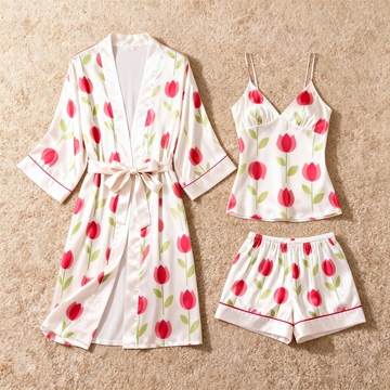 Women's Premium Satin Sleep Set with Red Floral