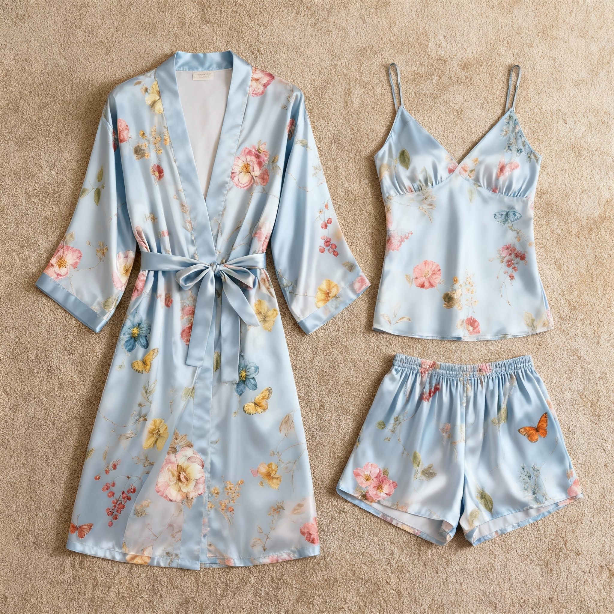 Blossom Pattern Glow Silky Satin 3-Piece Loungewear Set