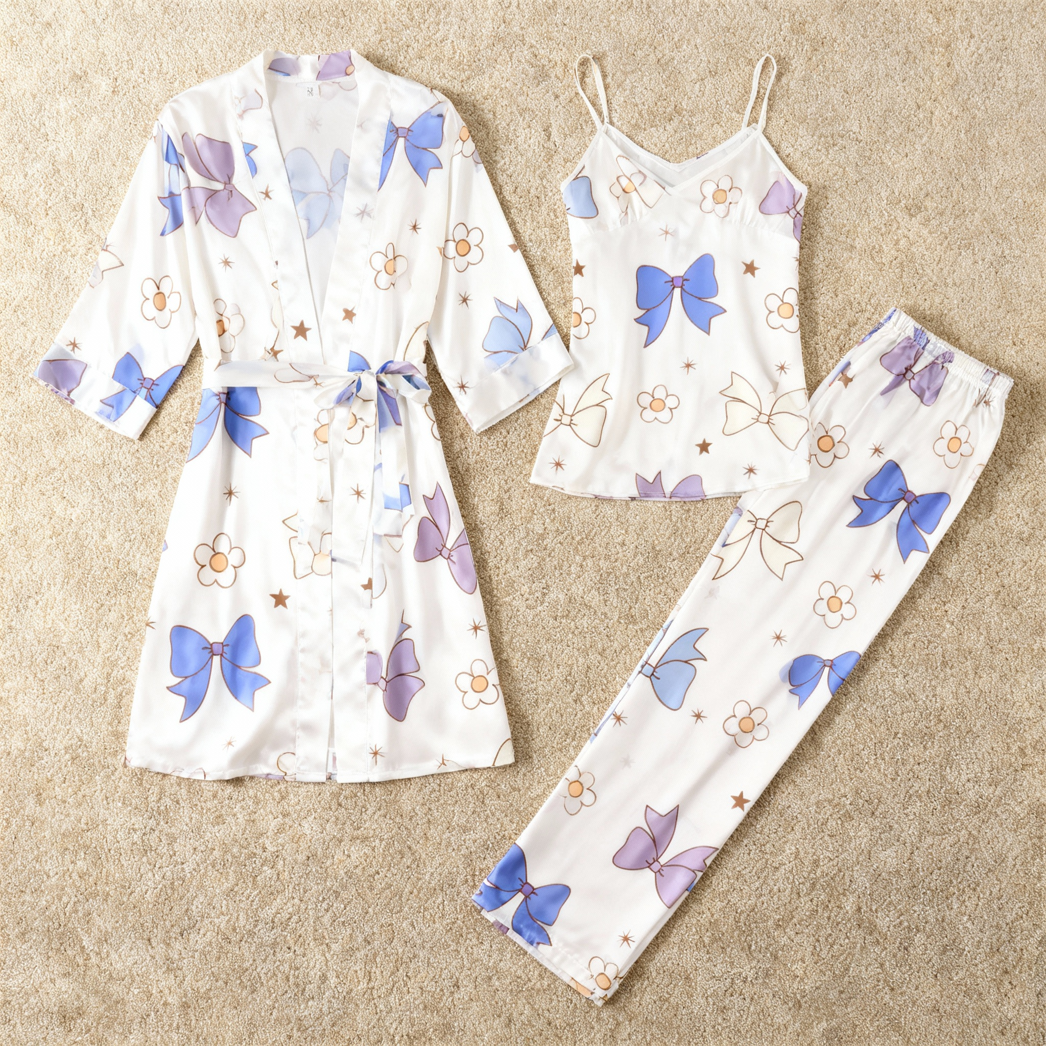 3-Piece Satin Nightwear Set with Bowknot Design