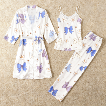 3-Piece Satin Nightwear Set with Bowknot Design