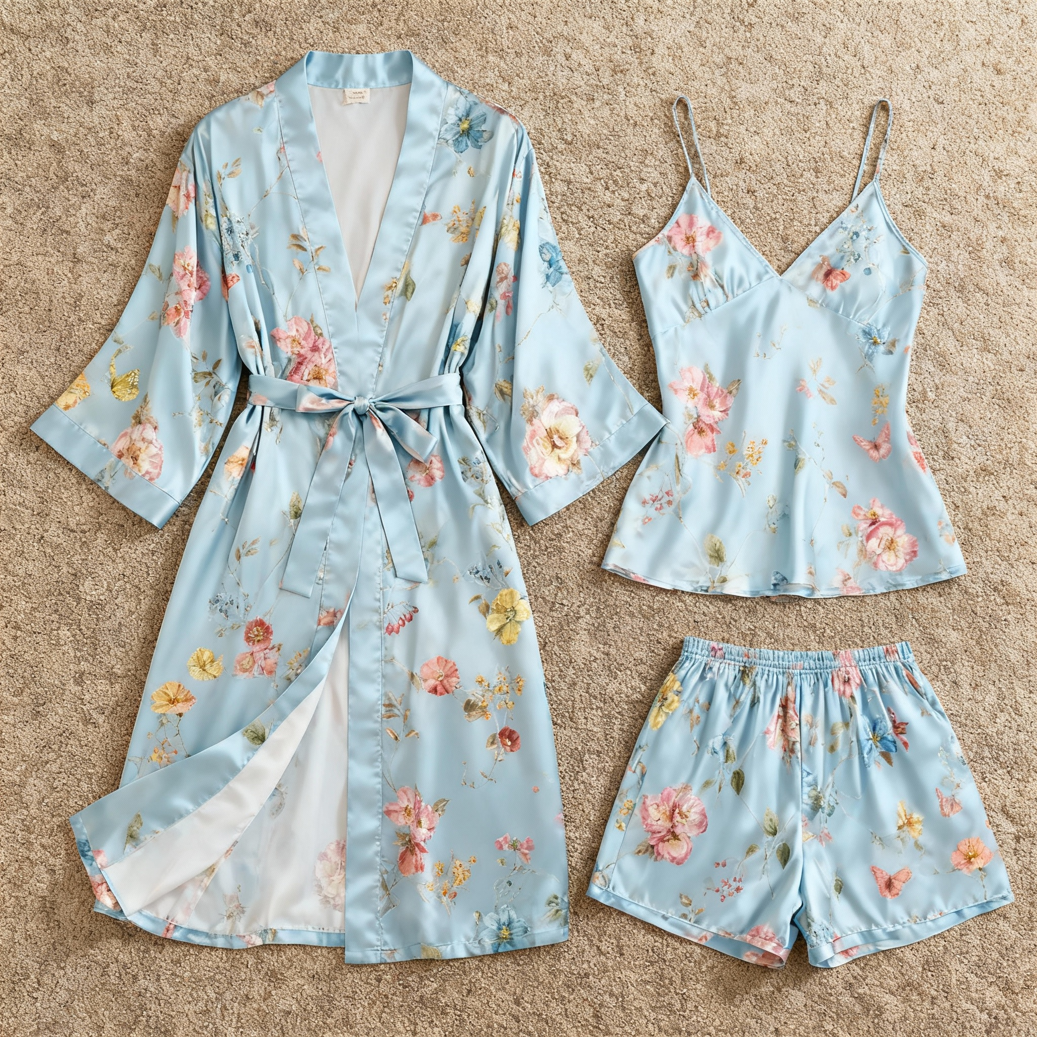 Blossom Pattern Glow Silky Blue Satin 3-Piece Loungewear Set