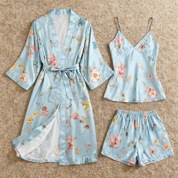 Blossom Pattern Glow Silky Blue Satin 3-Piece Loungewear Set