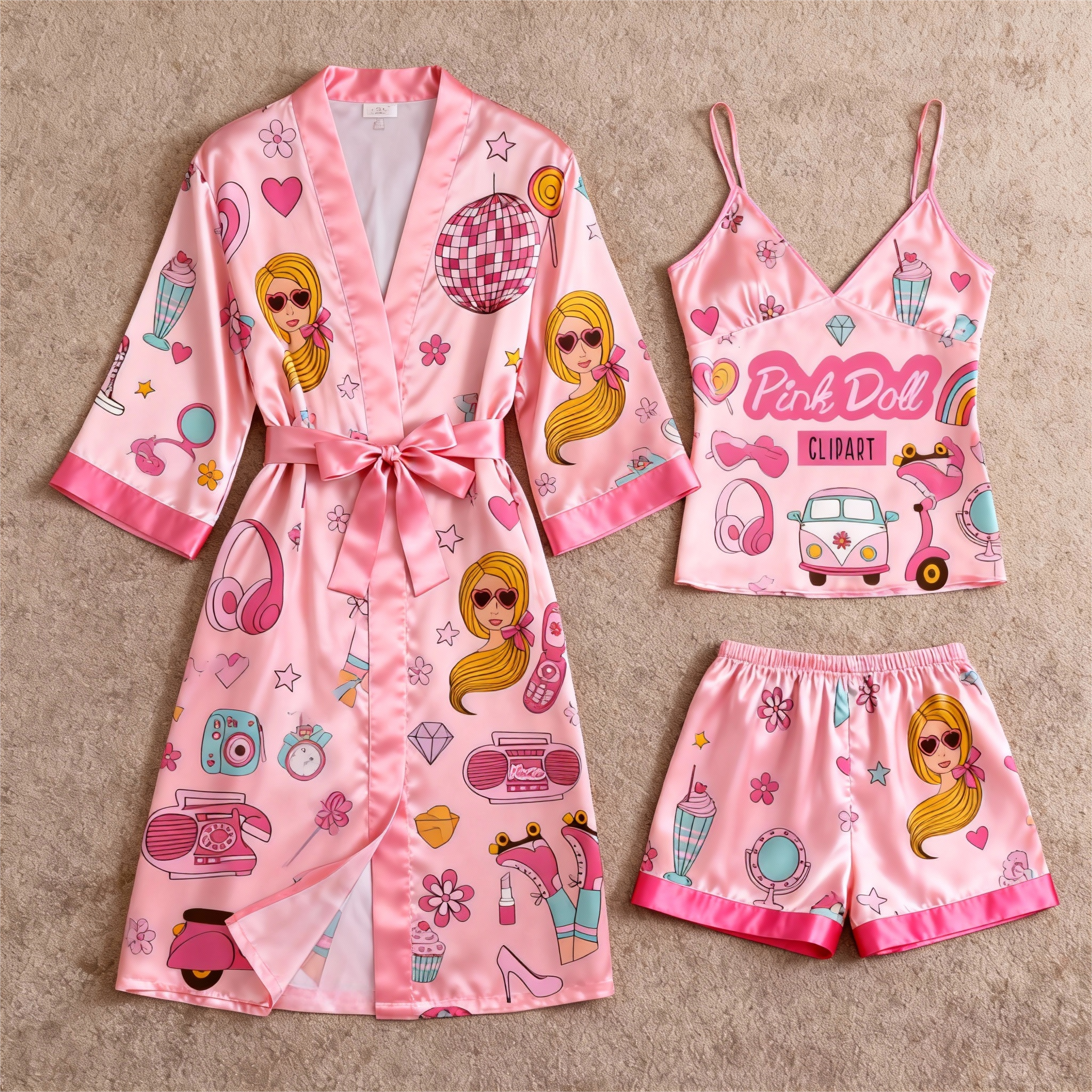 Women's Premium Satin Sleep Set with Romantic Cartoon Design