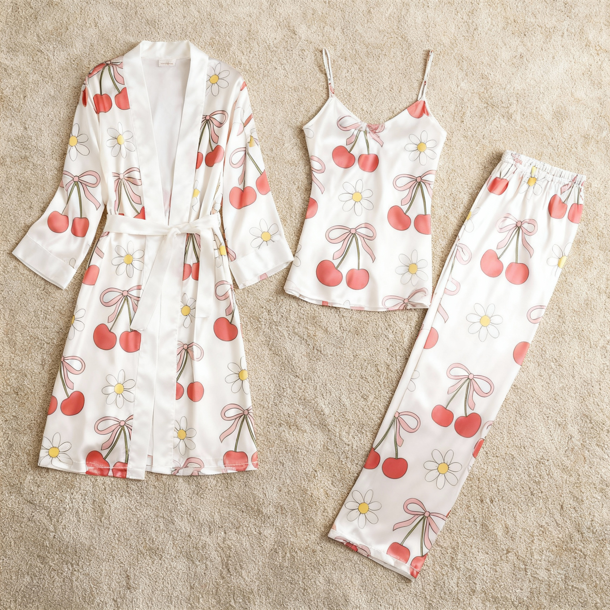 3-Piece Satin Nightwear Set with Lovely Cherry Design