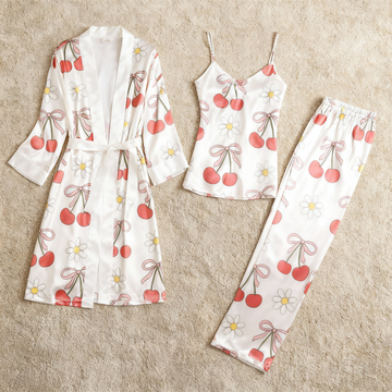 3-Piece Satin Nightwear Set with Lovely Cherry Design