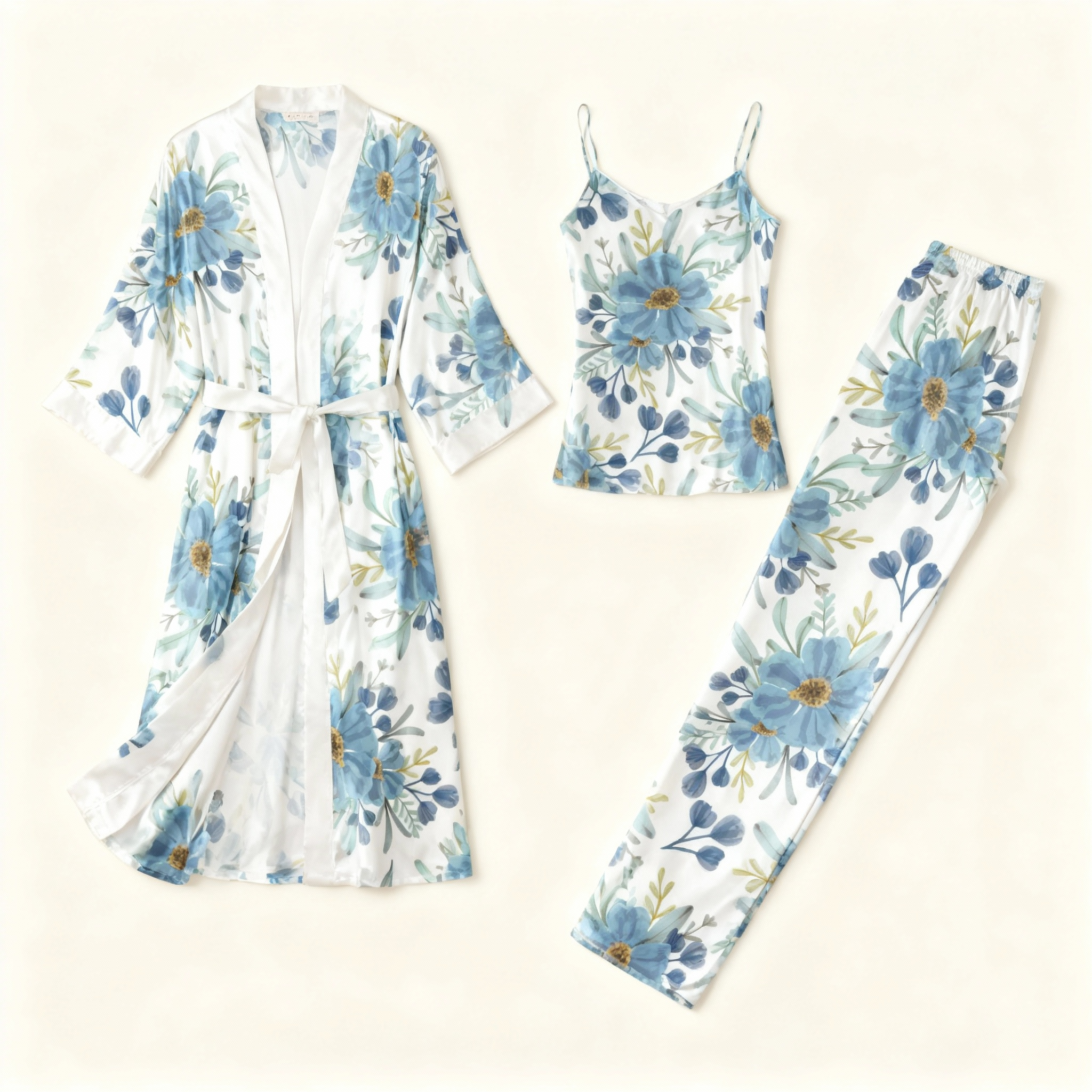 3-Piece Satin Nightwear Set with Dense Floral Design
