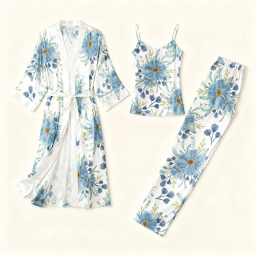 3-Piece Satin Nightwear Set with Dense Floral Design