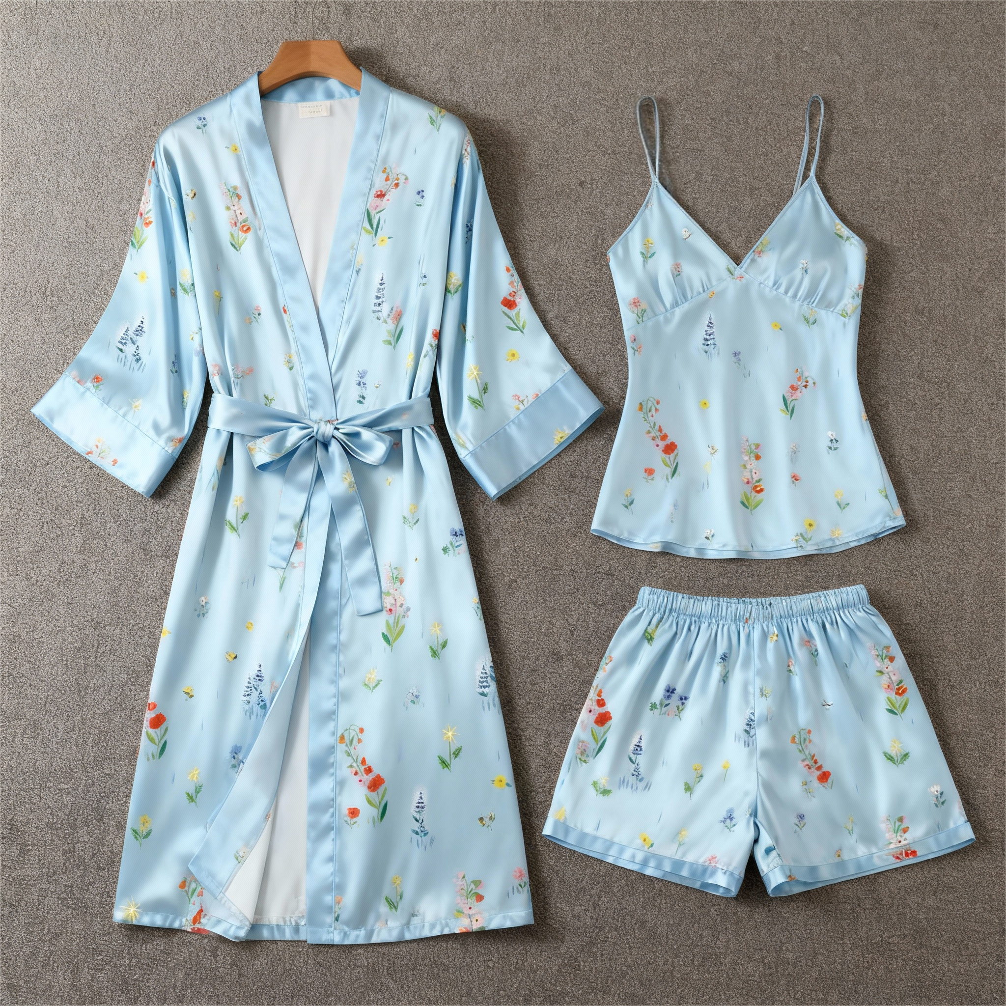 Chic Satin 3-Piece Pajama Set Featuring Light Botanical Floral Designs
