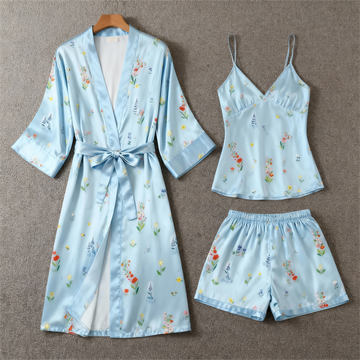 Chic Satin 3-Piece Pajama Set Featuring Light Botanical Floral Designs